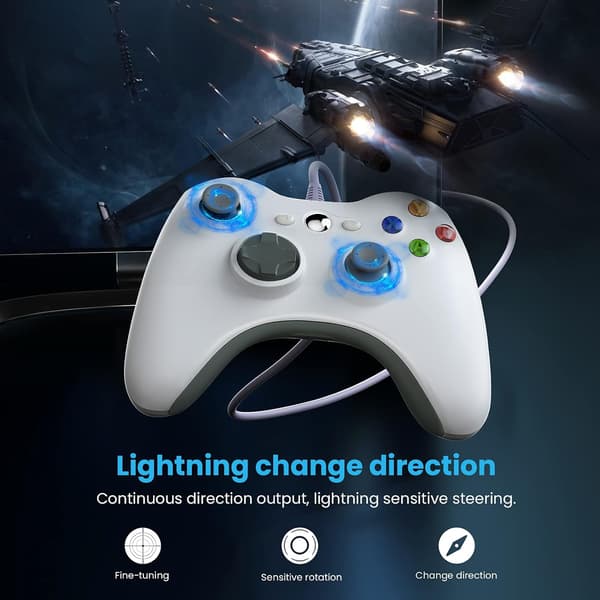 Kablet Xbox 360-controller, gaming-controller til 360 med dobbelt vibration Turbo kompatibel med Xbox 360/360 Slim og PC Windows 7,8,10 Hvid White