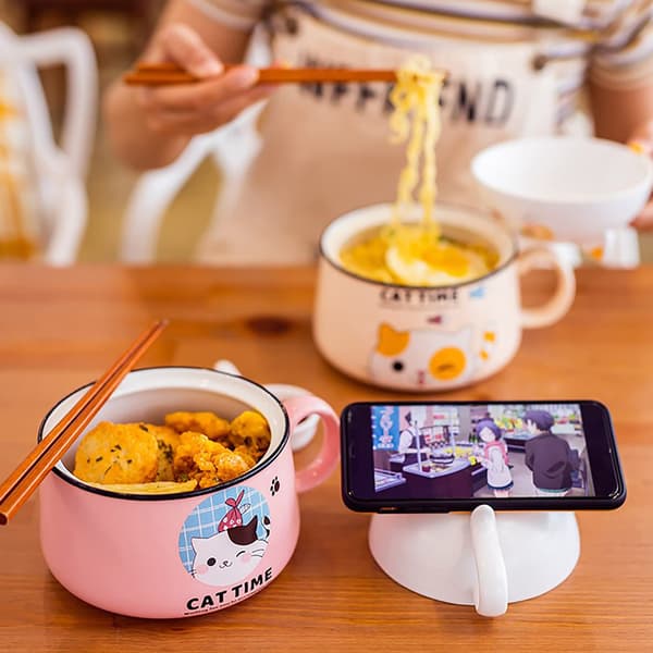 Ramen Bowl with Lid, Cute Cat Salad Bowl Handle, 1020mL