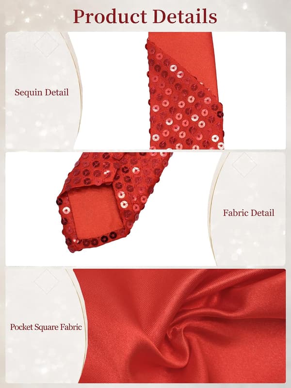 Paljett-slips for menn, glitrende slips og ensfarget lommetørkle-sett, rød Red