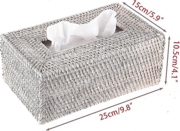 Tissuebox i rotting, dekorativ korgbehållare, rektangulär pappersbox i vitkalkat utförande