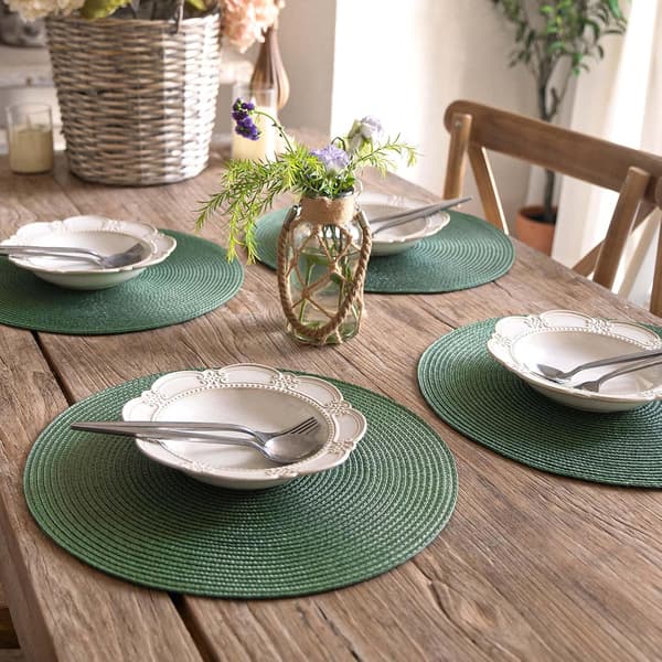 Set of Six Round Woven Placemats, Suitable for Dining Table, Washable, Non-Slip, 38 cm Diameter, Dark Green