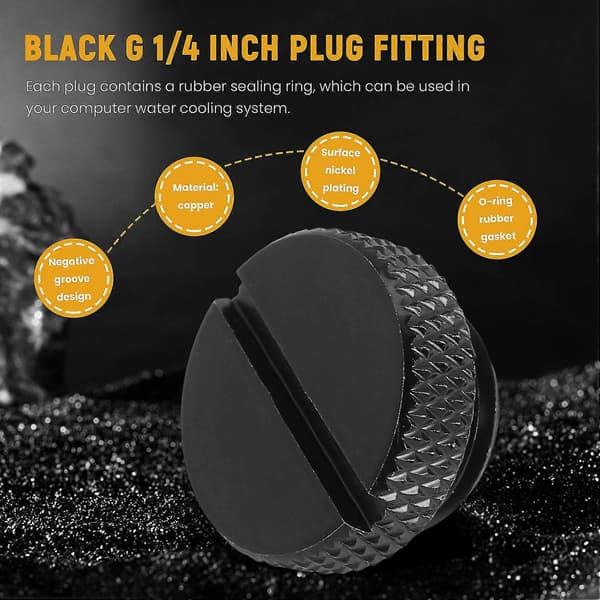 10 Pieces Black 1/4 Inch Plugs with O-ring Water Stop Plug for Computer Water Cooling System