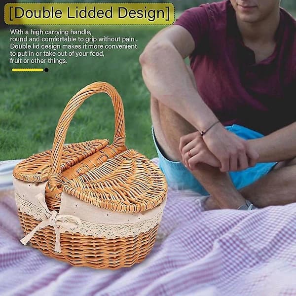 Handmade Wicker Basket with Handle, Wicker Camping Picnic Basket with Double Lids, Storage for Shopping