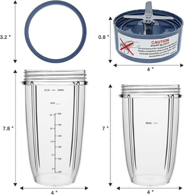 Reservedele til Nutribullet blender, 94 cl & 71 cl-kopper med erstatningsblade (3 stk)
