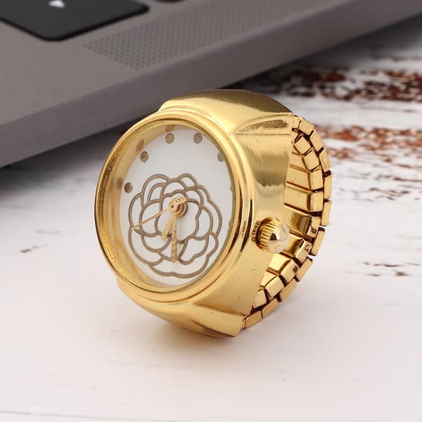 Fingerring Ur Rund Urskive Rose Blomstermønster Dame Finger Quartz Ur Guld
