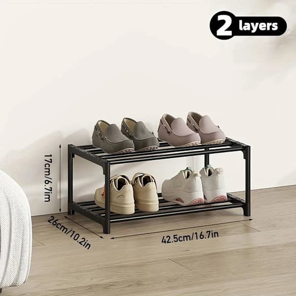 2-tier Narrow Shoe Rack, Stackable Metal and PP Space-Saving Shoe Storage for Dorm Room, Apartment, Balcony, Entryway, Black