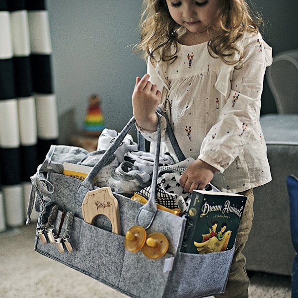 Changing Bag Foldable Baby Diaper Caddy Organizer, Portable Nursery Storage Basket with Replaceable Compartments (Light Grey)