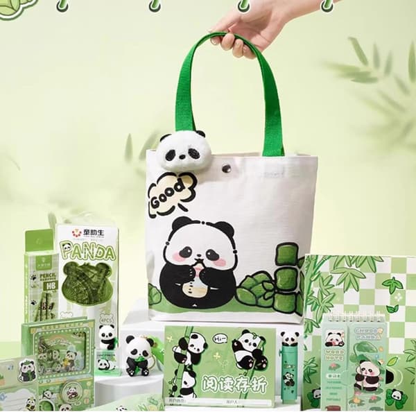 Skolmaterial för flickor, pennfodral med panda-tema med magnetbokmärken och -