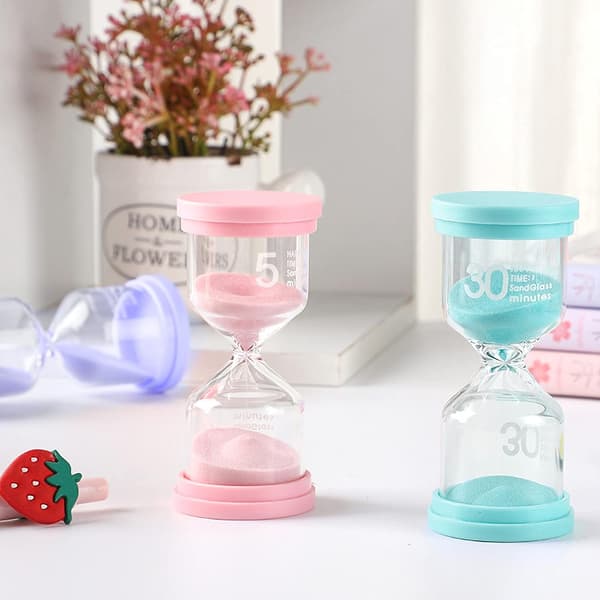 4-farvet timeglas-sæt, køkkentimer, med timeglas, farvekodede timeglasure, visuelt hjælpemiddel til undervisning i klasseværelset, 5, 10, 15 og 30 minutter