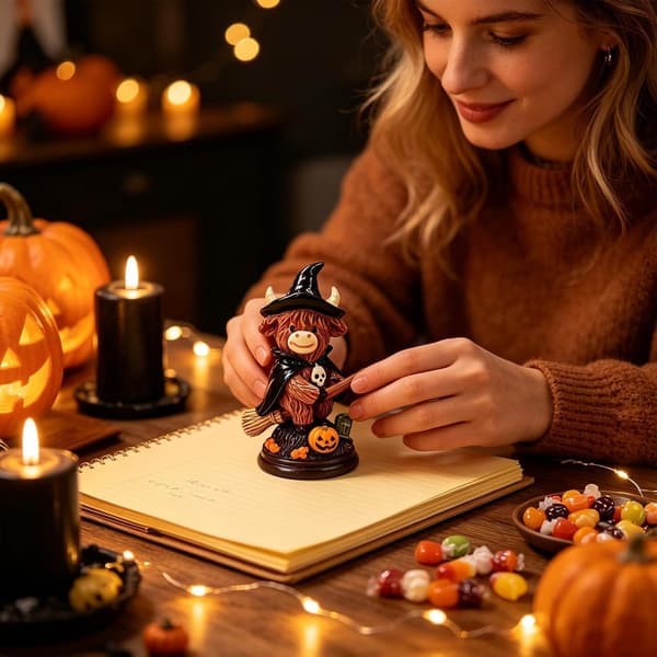 1 stk. Generisk Ko Halloween Dekoration Harpiksfigur Hekseko, 10,5 cm