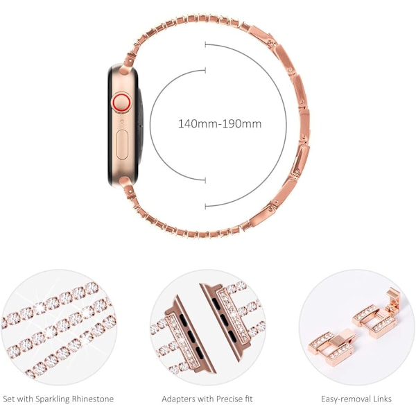 Kompatibel med Apple Watch-rem 38 mm 40 mm 41 mm, damearmbånd med glitrende krystaller, erstatningsarmbånd i rosaguld 38/40/41mm