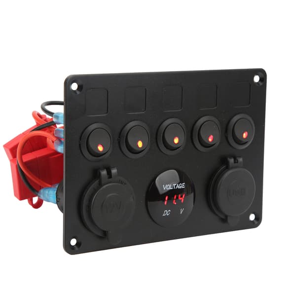 5-vejs afbryderpanel Vandtæt 12-24V LED-afbryderpanel med digital voltmeter Baggrundsbelyst til marinebåd Autocamper Trailer Lastbil Rød