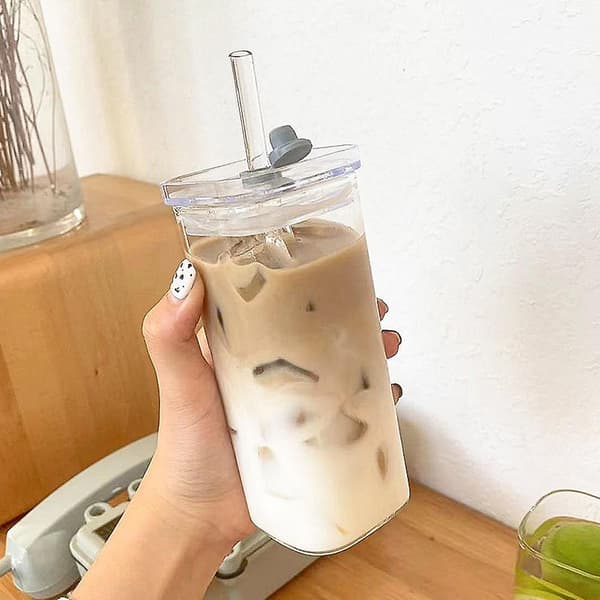 Square Heat-Resistant Transparent Coffee Cup Milk Tea Cup Water Cup Lid and Straw Coffee Cup Drinking Cup