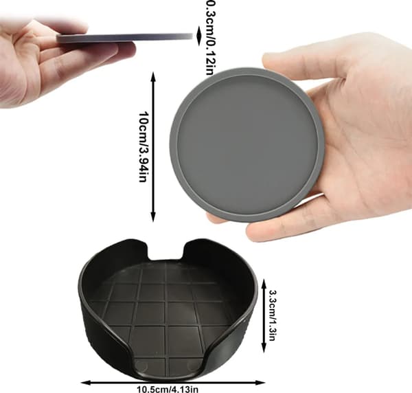 6-pack Silicone Coasters with Deep Edge, Heat Insulation Pads, Drink Glass Mat, for Hot or Cold Drinks (Grey)