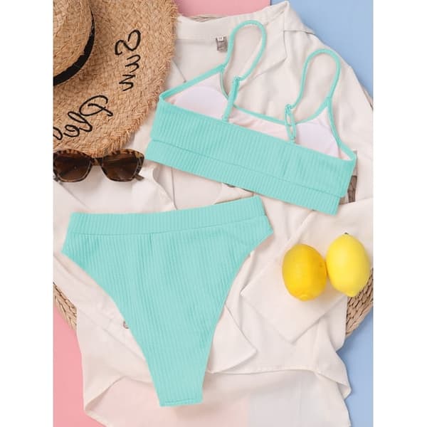 Kvinner Høy Midje Ribbet Cami Bikini Sett Mint Blå S-US4