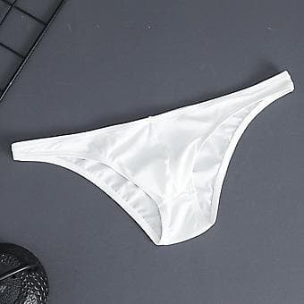 Men's Briefs Ice Silk Thin Stripe Solid Color U Convex Inside Wear Sexy Quick Dry Thong Underwear (XL Blue)
