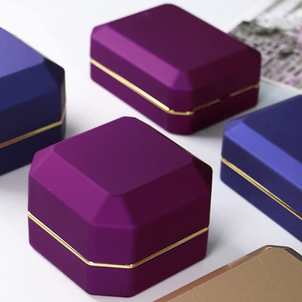 Luxury Square Velvet Ring Box with LED Light for Proposal, Engagement, Wedding, Purple
