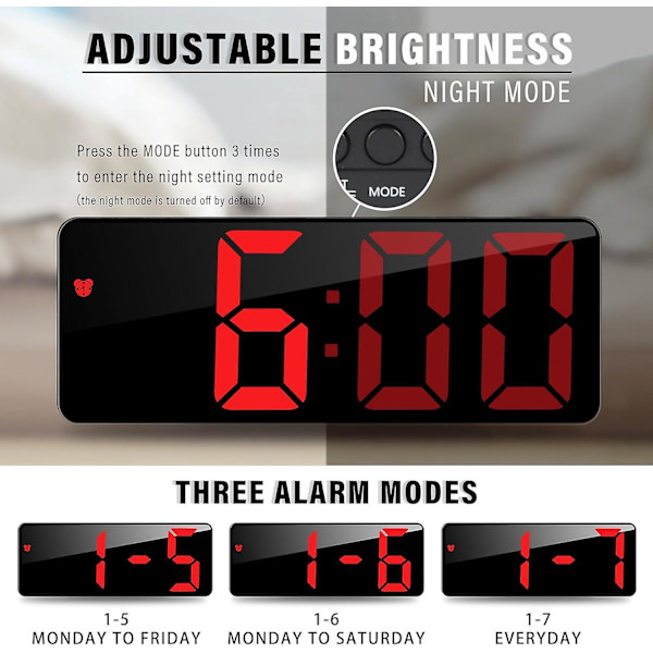 Digital väckarklocka, 6,7\" LED digital klocka sängväckarklocka morgonväckarklocka, röststyrning/icke-tickande/snooze/temperatur/datum justerbar