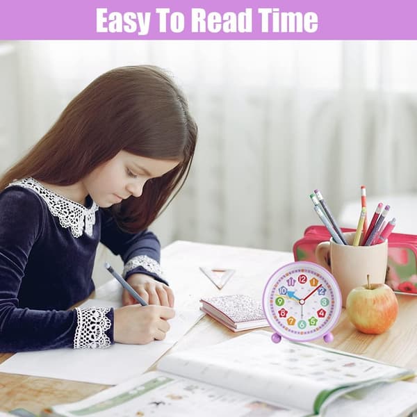Kids Clock Cute Animal Learning Clock Silent With Night Light, Suitable for Children's Bedroom Desk Bedside (Purple)