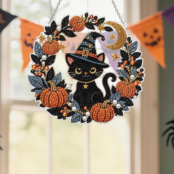 Sæt med ædelstene, maleri, Halloween, kat, spøgelse, dekoration, glitrende, flad sort - Schwarz