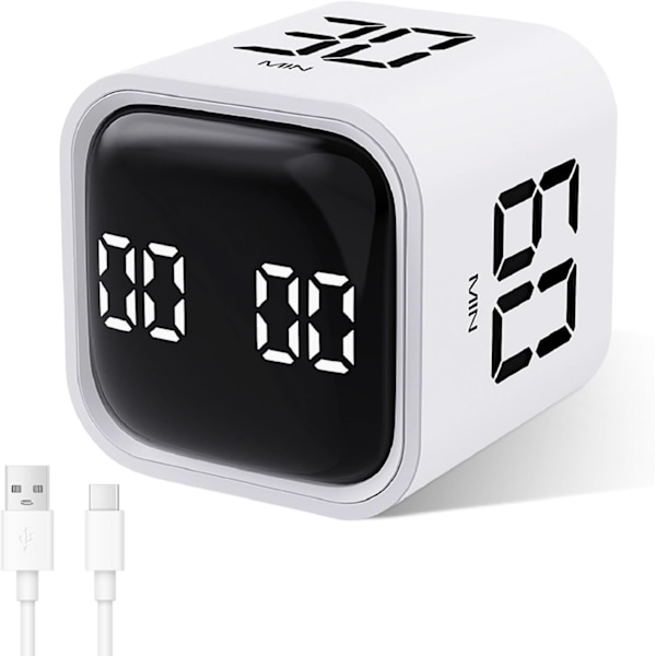 Kubtimer, Roterande Pomodoro-timer, 5/10/30/60 minuter och anpassad nedräkning, Digital timer med vibration White