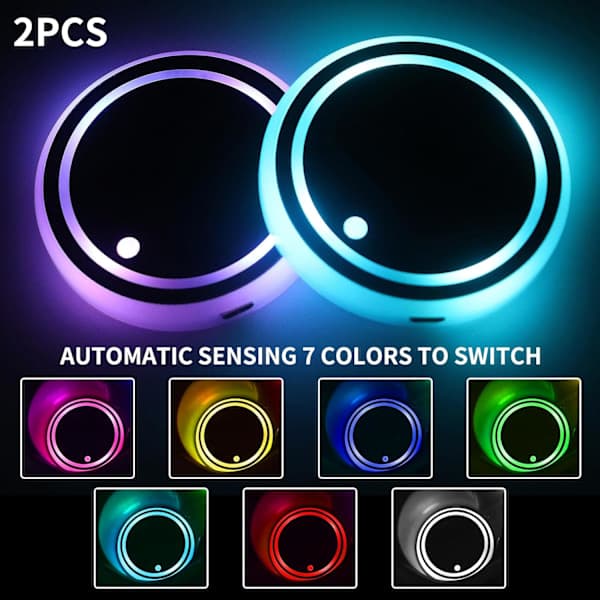 2 stk LED Bilunderlag, 7 Farger Lysende Bilkoppunderlag, USB-lading, Egnet for Biltilbehør For Kvinner Biltilbehør For Menn