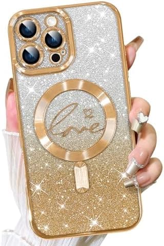 iPhone 16 Pro Max Deksel, Kompatibelt med MagSafe Hjerter Plating Kamerabeskyttelse Transparent Telefondeksel, Magnetisk Glitter