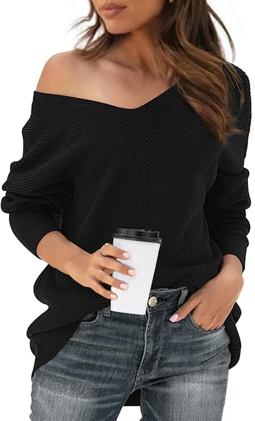 2023 Dame off-shoulder V-hals genser, løs flaggermuserm, langermet strikket genser