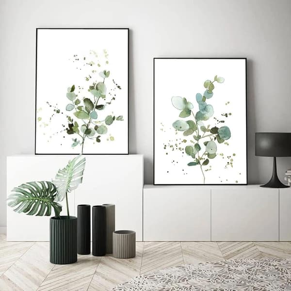 Set med 2 väggposters, modern väggkonst, abstrakta bladmönster, sovrum, canvastryck, utan ram, 40 x 50 cm