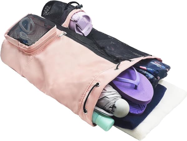 Drawstring Swim Backpack with Wet and Dry Compartment, Foldable Gym Bag with Adjustable Straps for Pool and Sports, Pink
