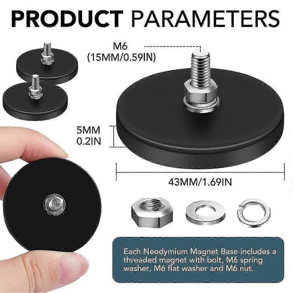 Rubber Coated Magnets, 10 kg Neodymium Magnet Base with M6 Threaded Magnet with Bolts and Nuts, Strong