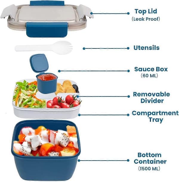 Lunch Box 1500ml, Bento Box Salad Container with 3 Compartments and Sauce Box, With Dressing Container, Lunch Box for Microwaves and Dishwashers, Blue