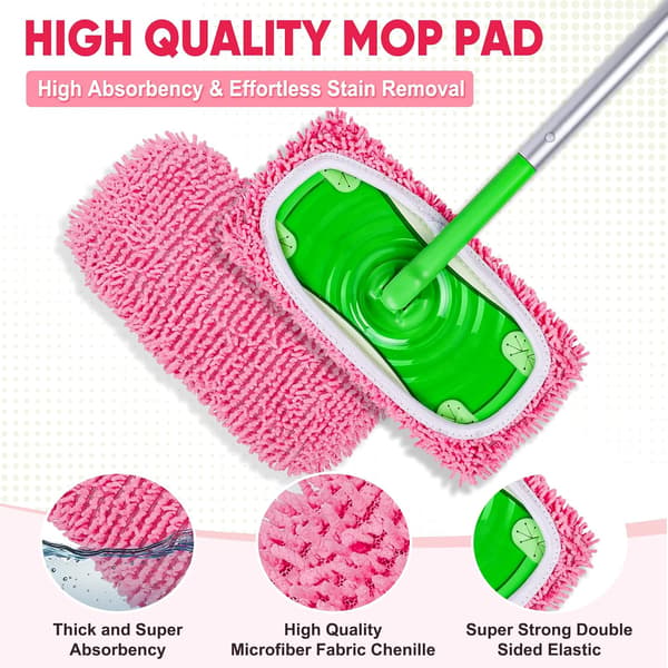 6-pakning gjenbrukbare moppputer kompatible med Swiffer Sweeper, chenillemopprefiller, tørre og våte moppkluter for gulvrengjøring - Rosa