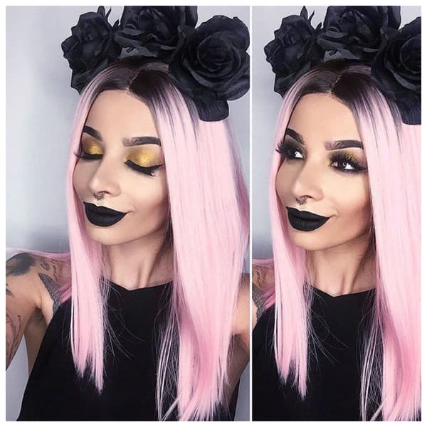 Sort Rosa Gradient Lang Paryk DIY Glat Letvægtsparyk Tilbehør til Daglig Makeup Pink