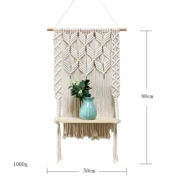 Vægmonteret træhylde, macramé, boheme dekoration, planter, kvaster, håndvævet