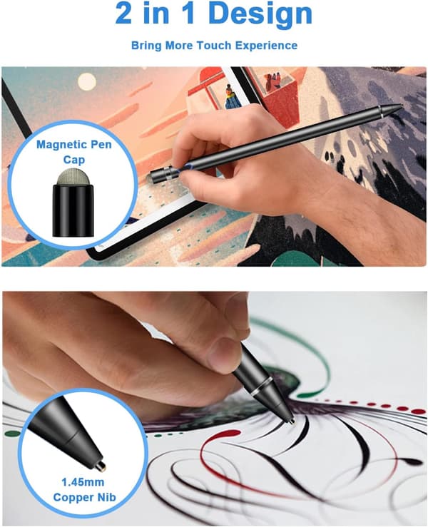 2-in-1 Active Stylus Pen for iOS Android Tablets iPad Air Pro Mini Huawei Samsung Compatible Black Rechargeable Digital Pen