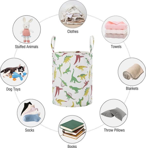 Storage basket - foldable design - laundry basket with long handle - suitable for clothes, toys etc. - green dinosaur - 40*50CM