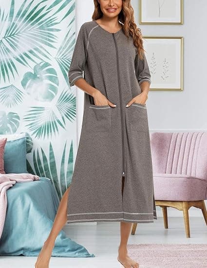 Women's Front Zipper Robe, 3/4 Sleeve, Full Length Pajamas