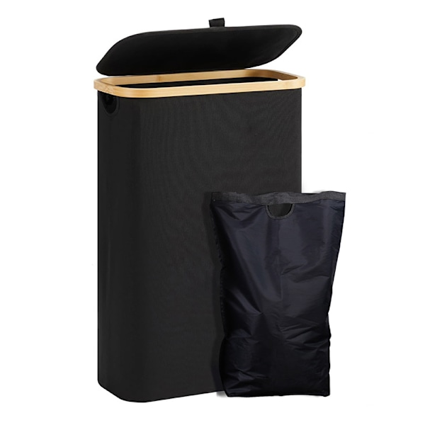 Tvättkorg med lock, 48 liter, stor tvättkorg med tvättpåse, hopfällbar tvättkorg med handtag, bambu, svart