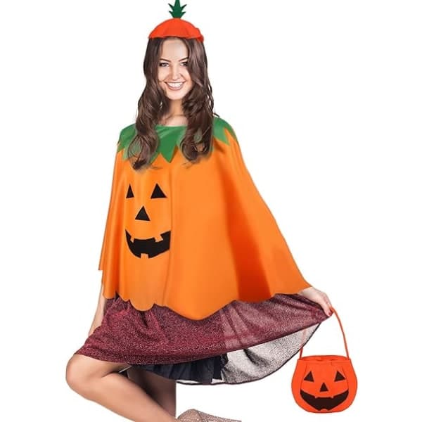 Halloween Græskar Kostume Sæt til Voksne - Græskar Poncho med Tilbehør
