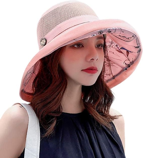 Mesh solhatter for kvinner - UPF UV-beskyttelse - Sammenleggbar - Bred brem - Hakestropp (Rosa)