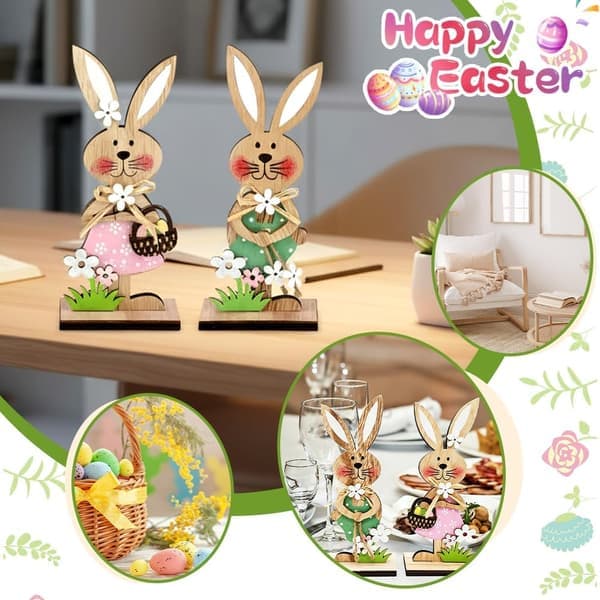 Easter Bunny Display Stand, 2/3 Pieces Wooden Easter Desk Decoration, Easter Spring Home Office Decoration