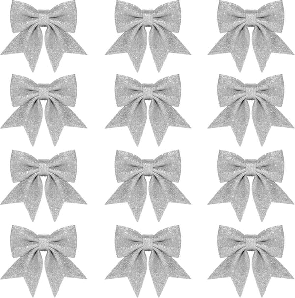 A set of 12 20 cm silver decorative Christmas bows - small sequin