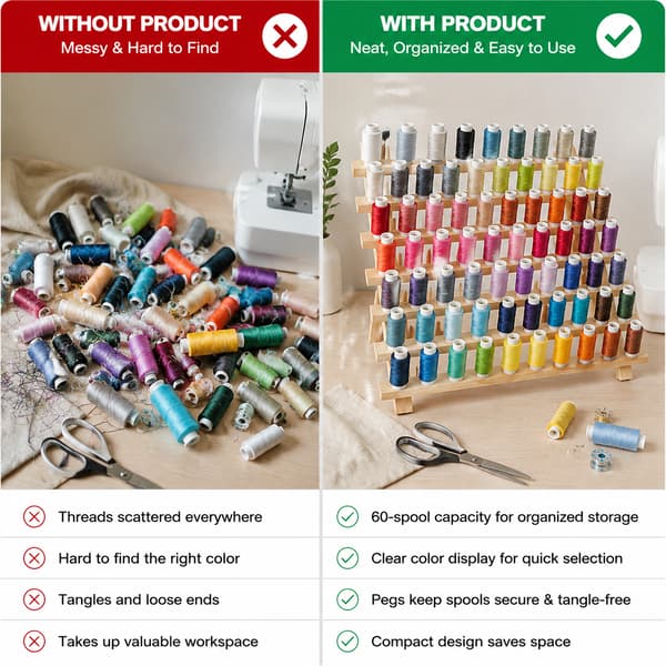 Wooden Thread Rack with 60 Spools, Foldable Sewing Thread Rack with Insertable Pegs for Embroidery, Quilting, and Hair Braiding 60 Axis 60 axis