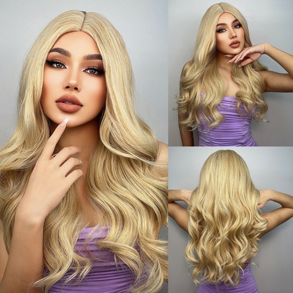 långa vågiga blonda peruker i syntetiskt hår för kvinnor