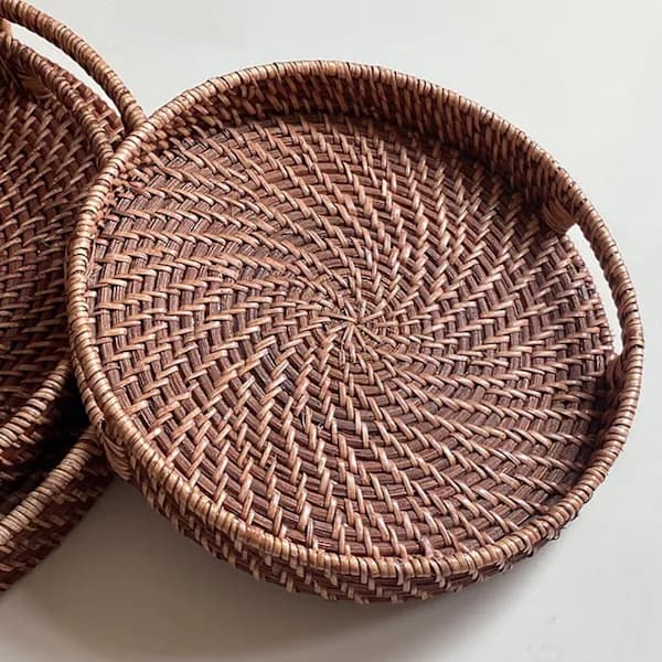 Round Rattan Serving Tray Hand-Woven Decorative Basket for Fruit Bread Snacks Home Kitchen Coffee Table Brown 11 Inch Brown S Brown S