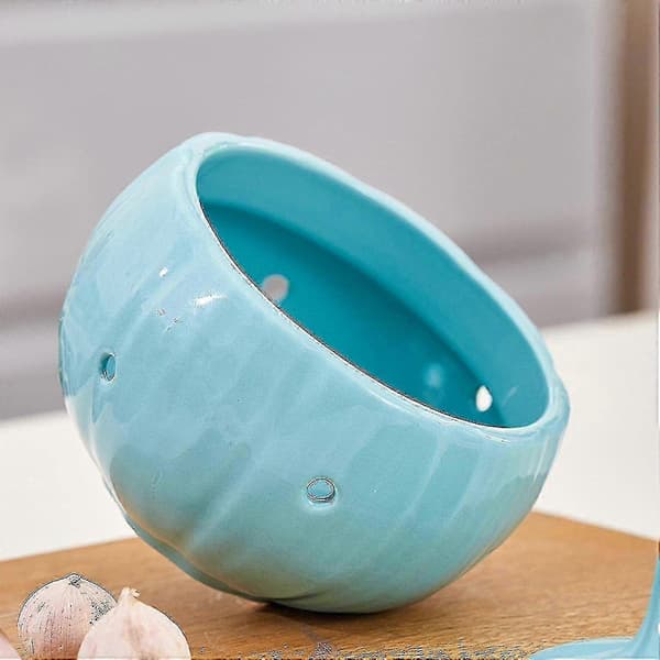 Ceramic Garlic Container with Lid, Ventilated Storage Jar for Ginger and Garlic Blue Blue