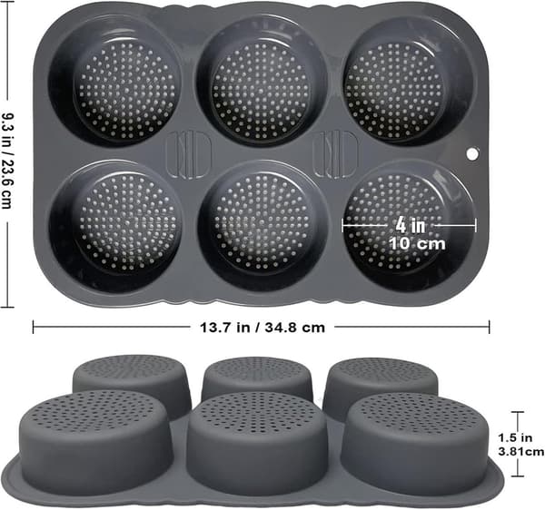34 cm Silikoneform - Hamburgerboller - Non-stick - Varmebestandig - Form - 6 Huller - Bageplade - Hamburgere - Sort