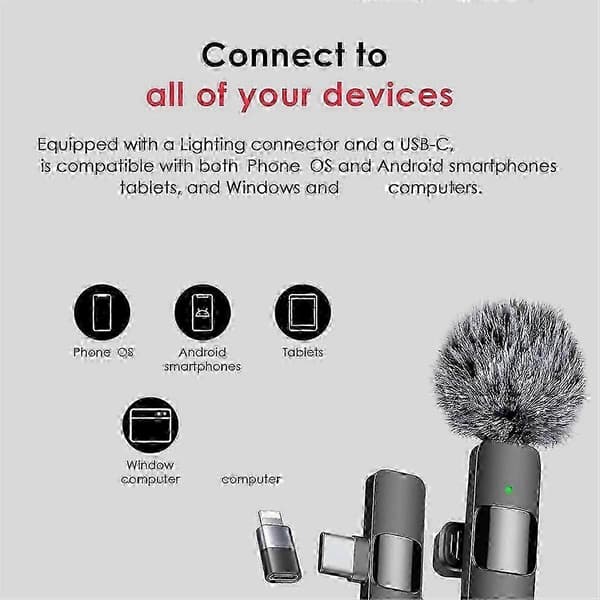 3-i-1 trådløse lavaliermikrofoner til Android, kamera, USB-C-mikrofon, minimikrofon med støjreduktion Sort Svart