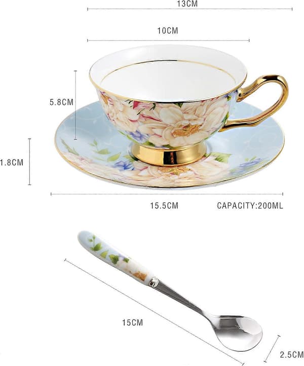 Cup & Saucer Set with Spoons, Champagne Rose on Blue Patterned Bone China 3-Piece Set Ceramic Tea Coffee Cup